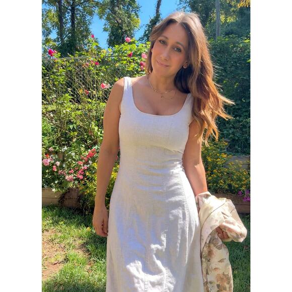 Linen Blend Midi Dress – Neutral 90s Minimalist Style - Picture 8 of 8